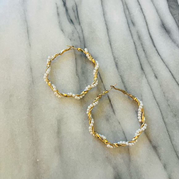 Faux Pearl And Gold Hoop Earrings Large Lightweight - Picture 1 of 5